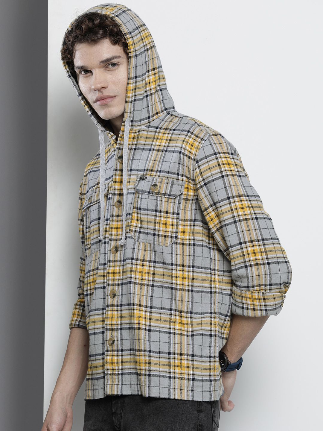 The Indian Garage Co Men Checkered Hooded Shirt with Double Flap Pockets