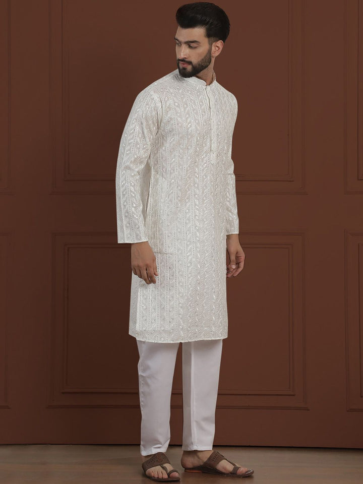 SOJANYA LUXE Motif Etnik Bersulam Kolar Mandarin Kurta Sutera Lurus Kapas & Piyama