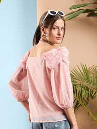 SASSAFRAS Floral Printed Puff Sleeve Ruched Top