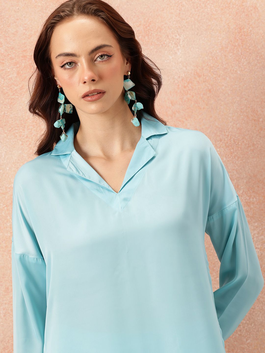 all about you Notched Lapel Collar Drop-Sleeves Satin Straight Kurta with Palazzos