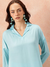 all about you Notched Lapel Collar Drop-Sleeves Satin Straight Kurta with Palazzos