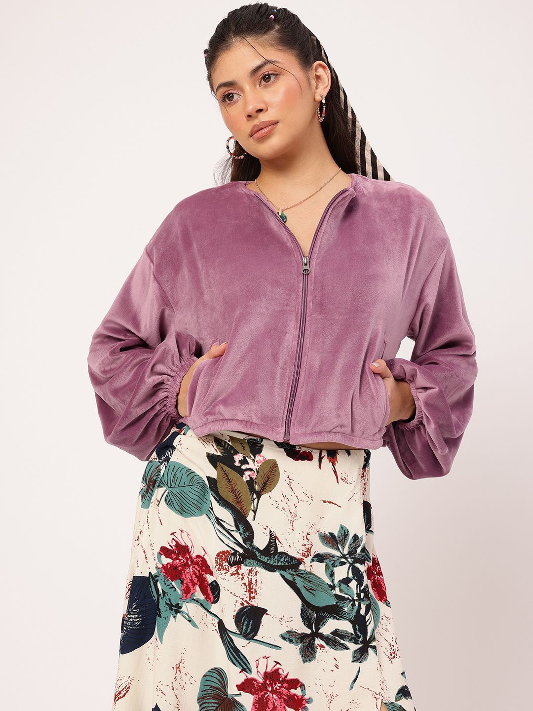 DressBerry Free-Spirit Fit Velour Finish Dramatic Puff Sleeves Crop Jacket