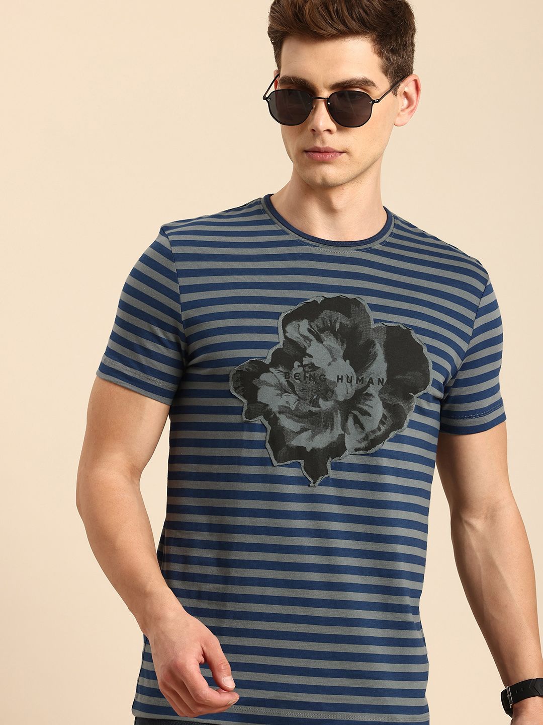 Being Human Pure Cotton Striped Applique T-shirt