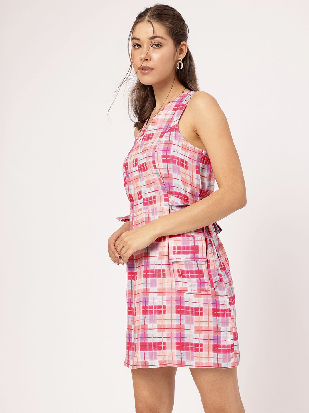DressBerry Checkered Dreams Tie-Ups Pocket Detail Mini Dress