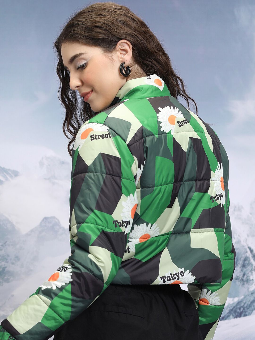 Tokyo Talkies Black Floral Printed Crop Puffer Jacket