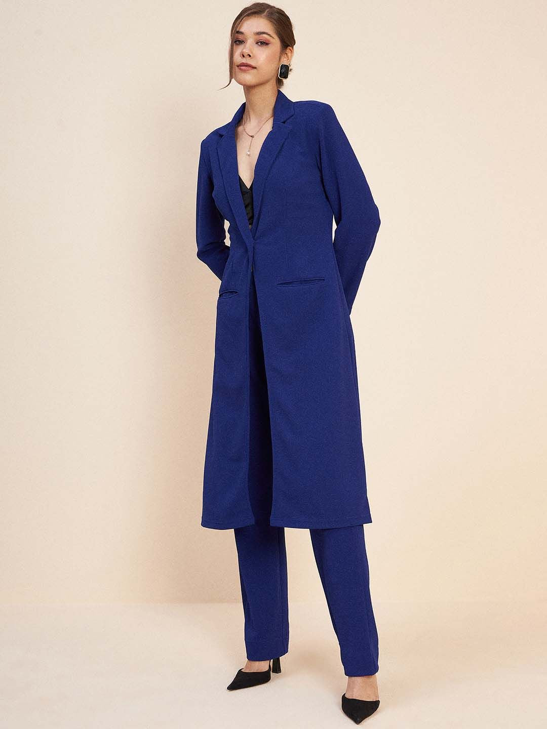 Antheaa Blue Longline Coat & Trousers Co-Ord Set