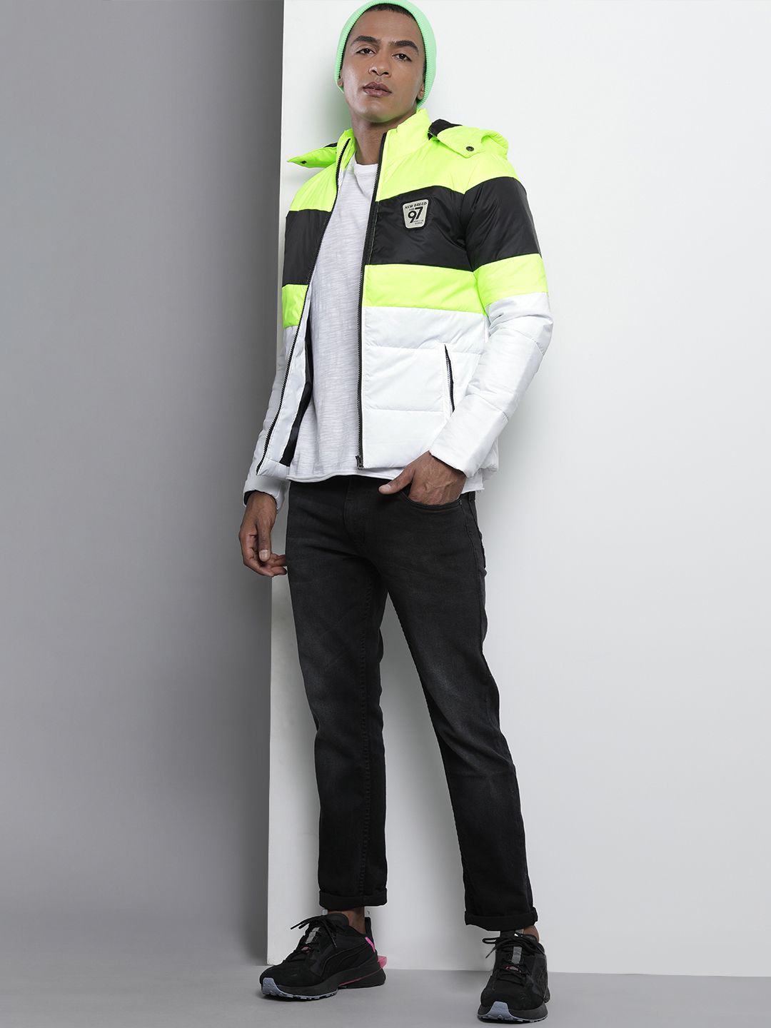 The Indian Garage Co Men Colourblock Slim Fit Puffer Jacket with Detachable Hood