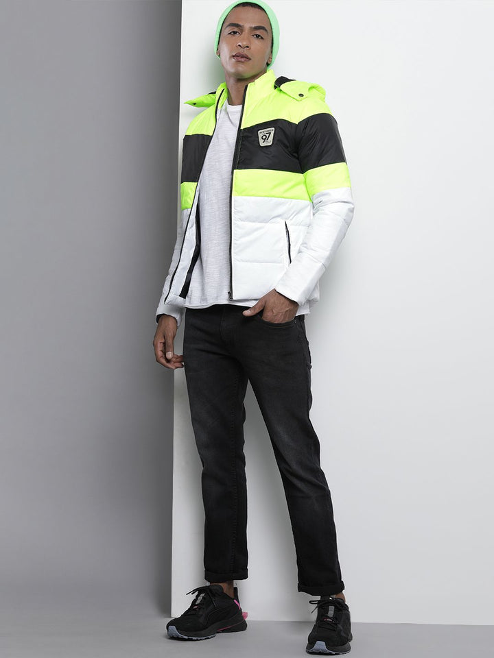 The Indian Garage Co Men Colourblock Slim Fit Puffer Jacket with Detachable Hood