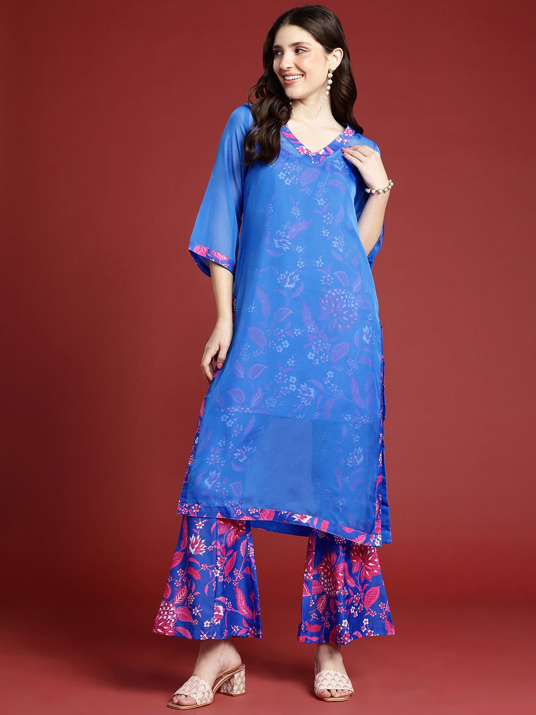 Anouk Floral Printed Layered Kurta with Palazzos