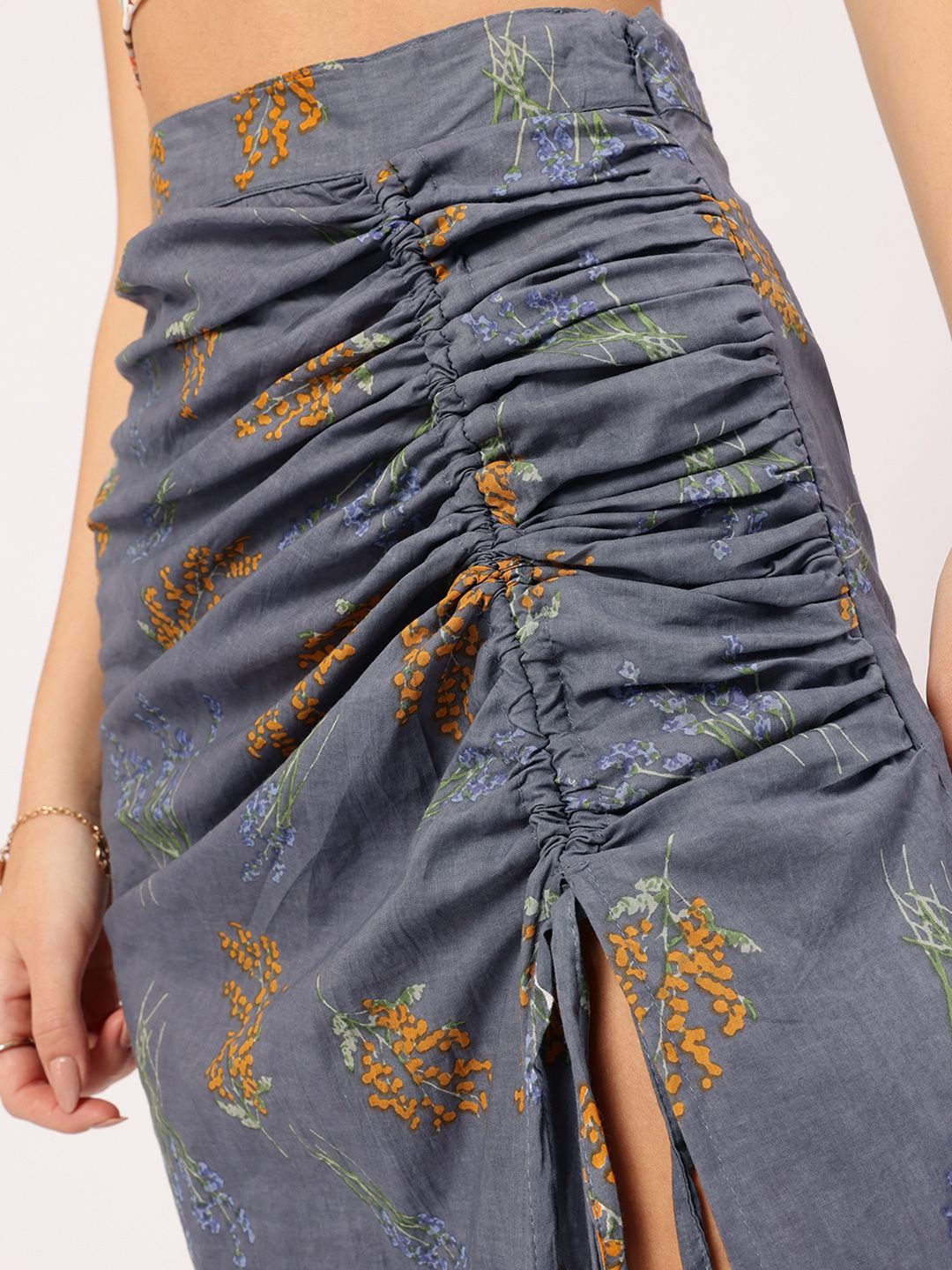 DressBerry Wildflower Wonderland Printed Ruched Side Slit Skirt