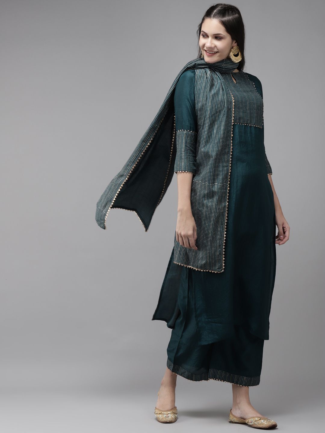 Indo Era Women Teal Green & Golden Yoke Design Kurta with Palazzos & With Dupatta