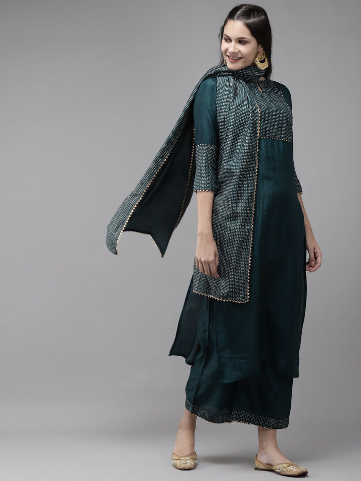 Indo Era Women Teal Green & Golden Yoke Design Kurta with Palazzos & With Dupatta