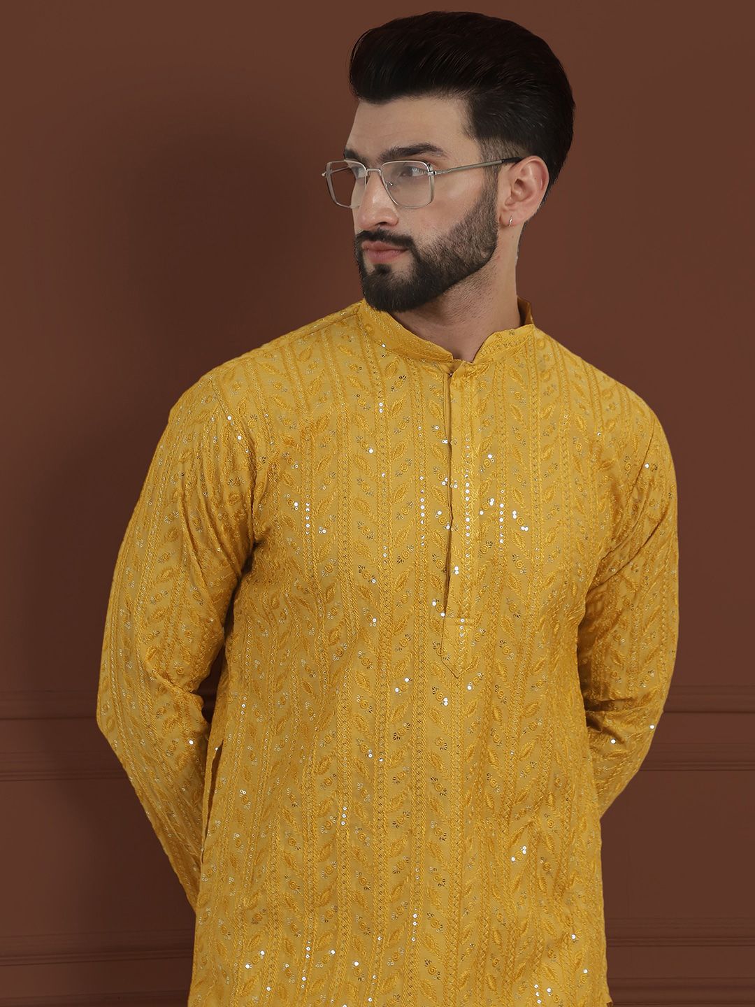 SOJANYA LUXE Motif Etnik Bersulam Kurta Lurus Kolar Mandarin Dengan Pijama