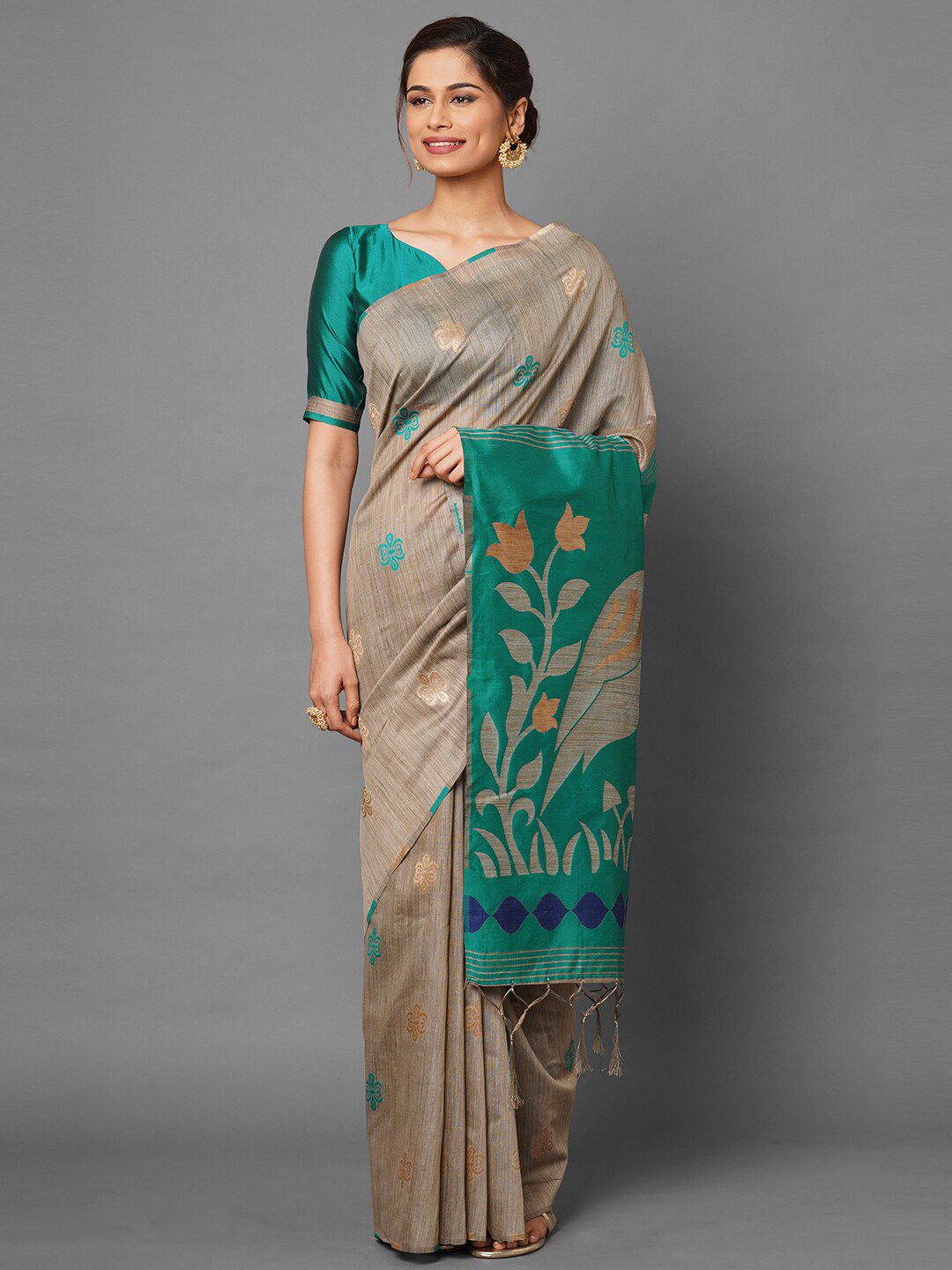 Saree mall Beige & Sea Green Ethnic Motifs Silk Cotton Banarasi Saree