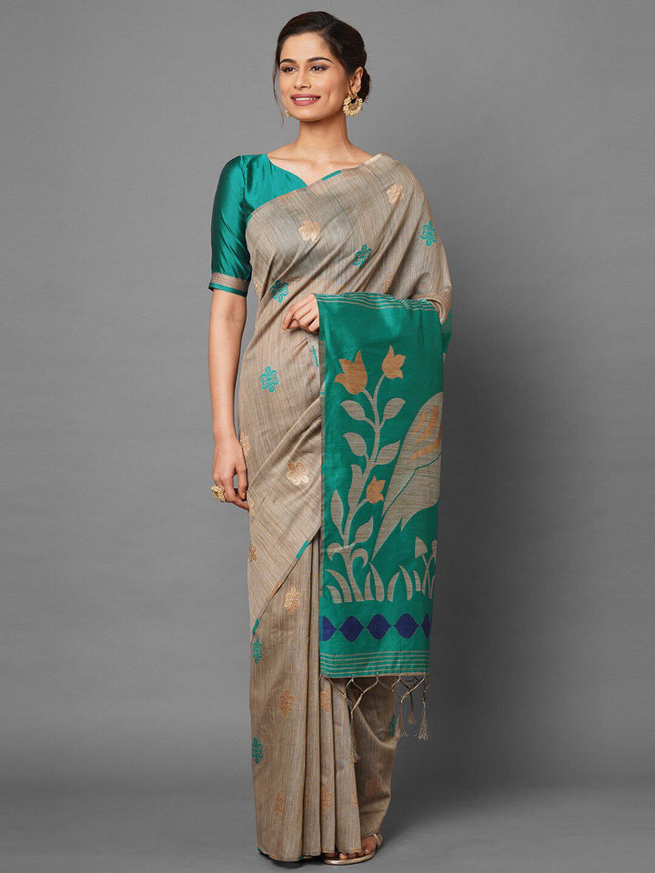 Saree mall Beige & Sea Green Ethnic Motifs Silk Cotton Banarasi Saree