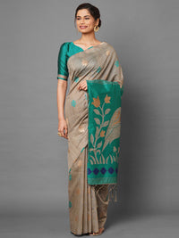 Saree mall Beige & Sea Green Ethnic Motifs Silk Cotton Banarasi Saree
