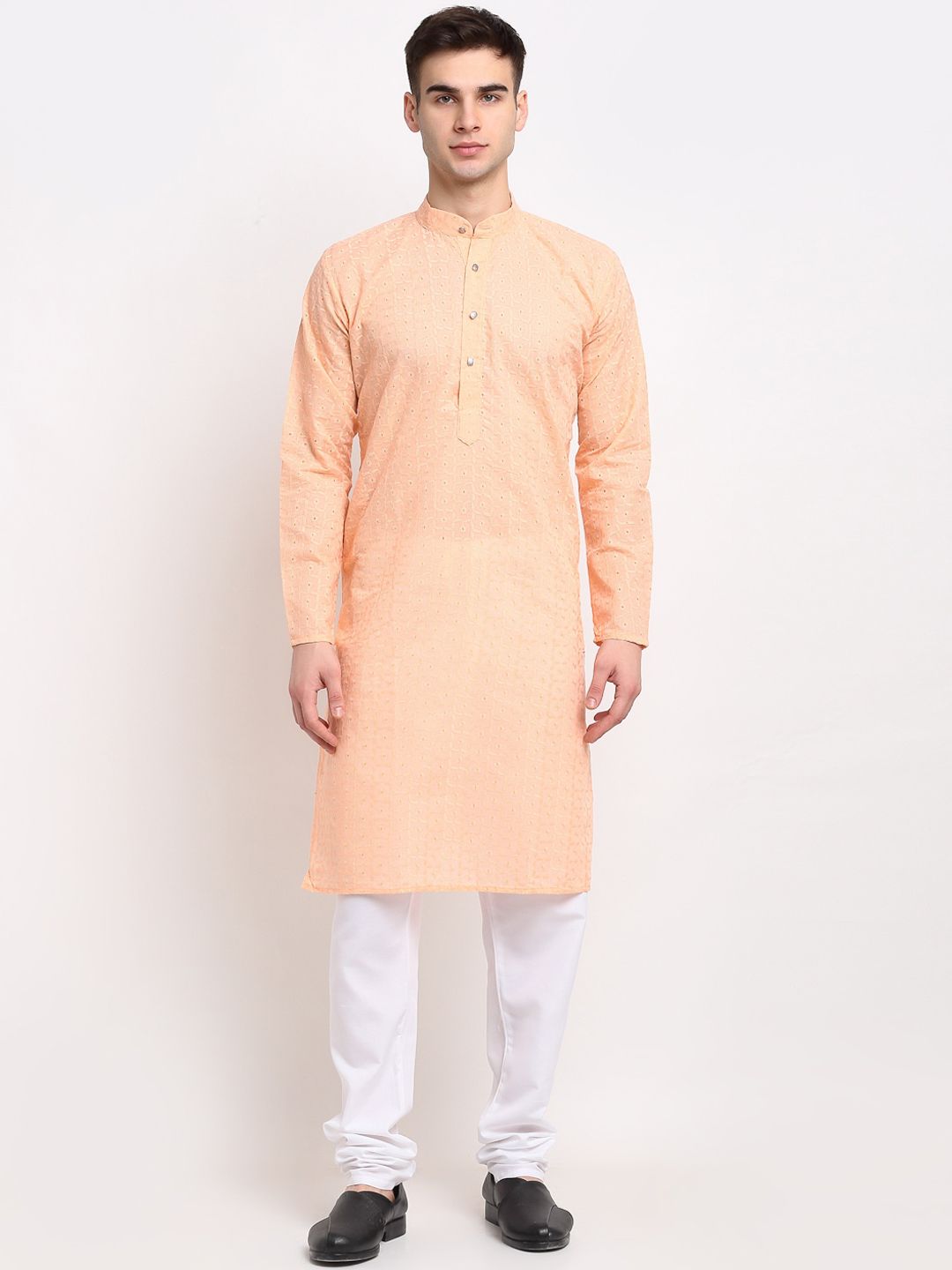 Jompers Men Orange & White Geometric Embroidered Pure Cotton Kurta With Churidar