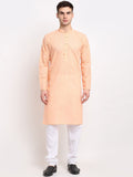 Jompers Men Orange & White Geometric Embroidered Pure Cotton Kurta With Churidar