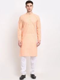 Jompers Men Orange & White Geometric Embroidered Pure Cotton Kurta With Churidar