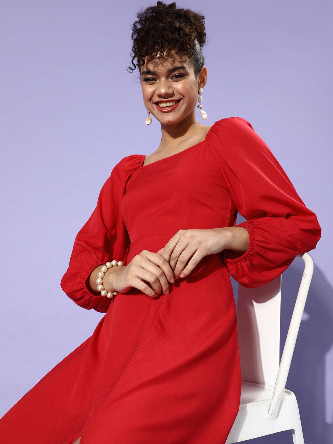 Berrylush Women Red Solid Puff Sleeves Dress