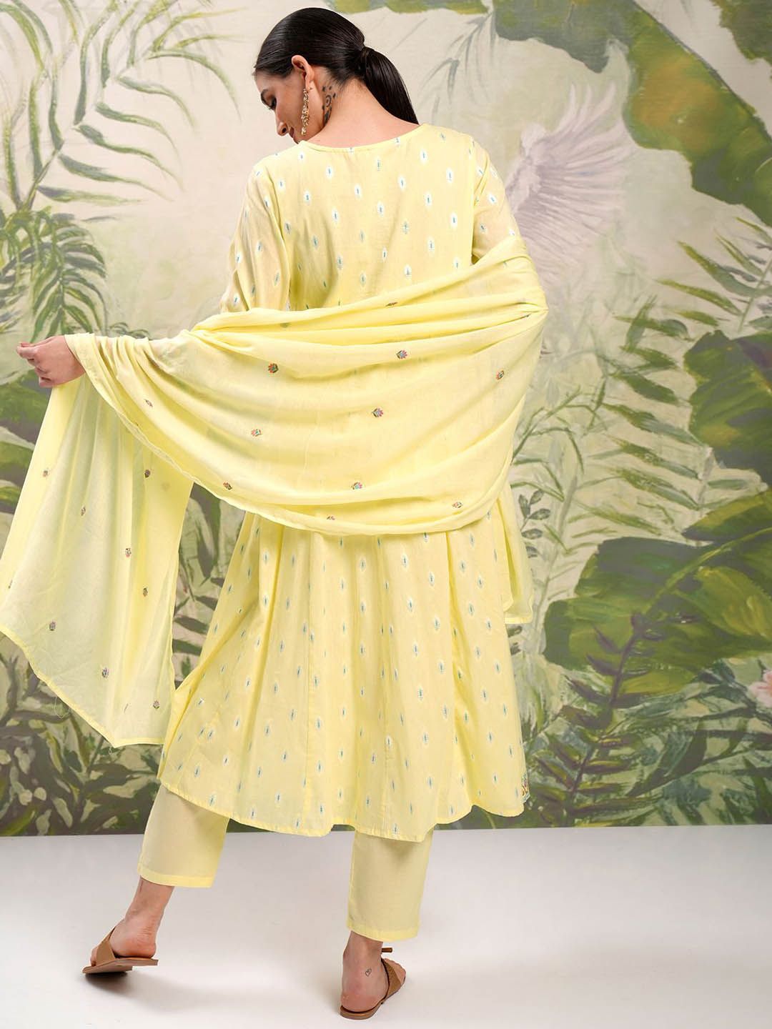 Vishudh Yellow Embroidered Mirror Work Pure Cotton Anarkali Kurta With Trousers & Dupatta