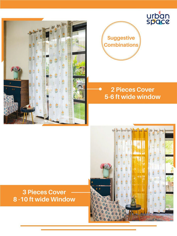 URBAN SPACE White & Yellow 2 Pieces Floral Sheer Window Curtains