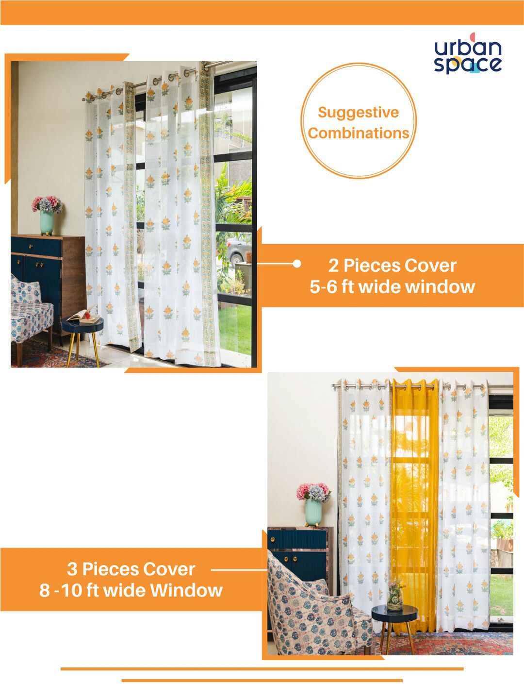 URBAN SPACE White & Yellow 2 Pieces Floral Sheer Window Curtains