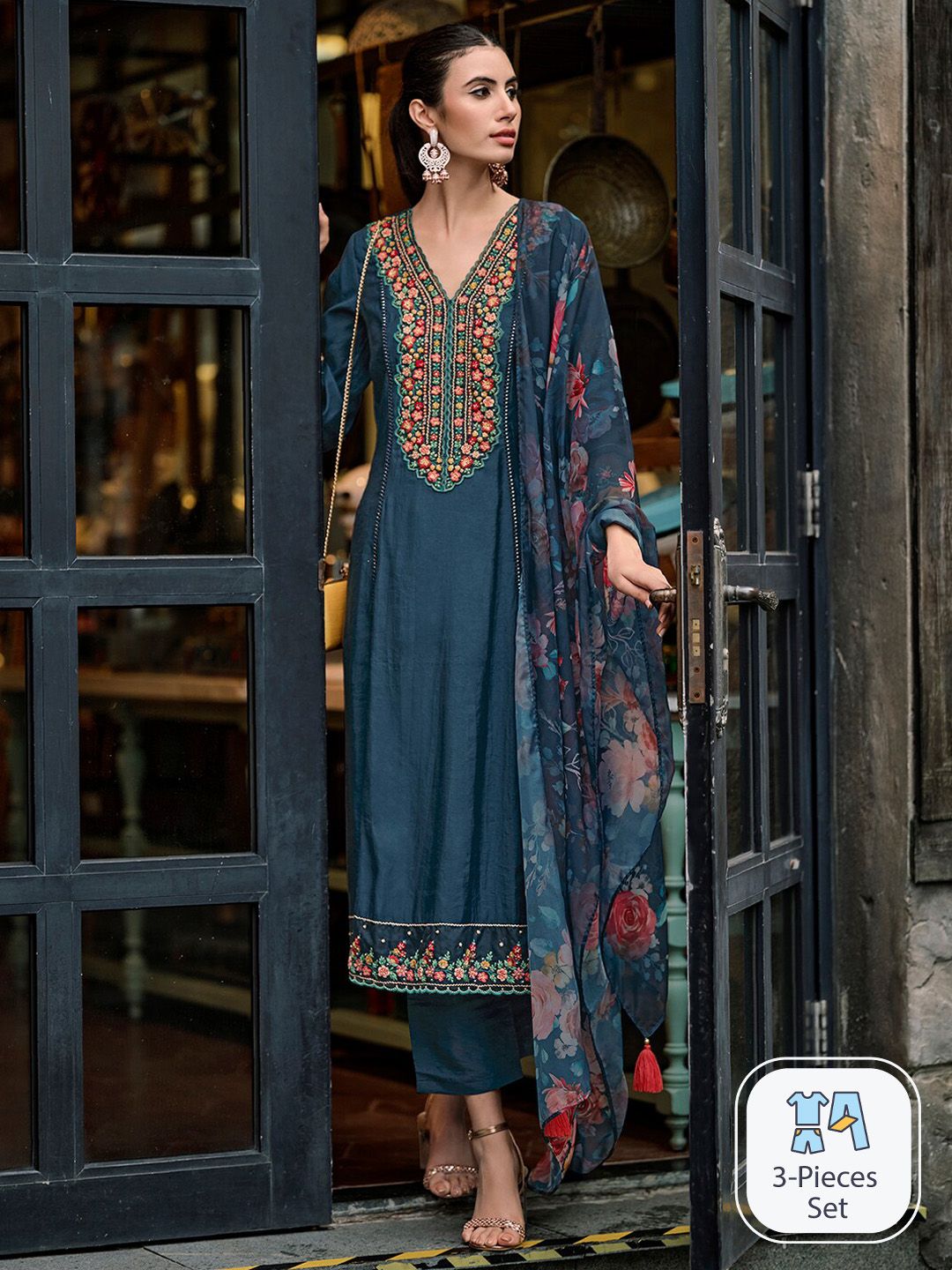 Indo Era Floral Embroidered Panelled Thread Work A-Line Kurta With Trousers & Dupatta