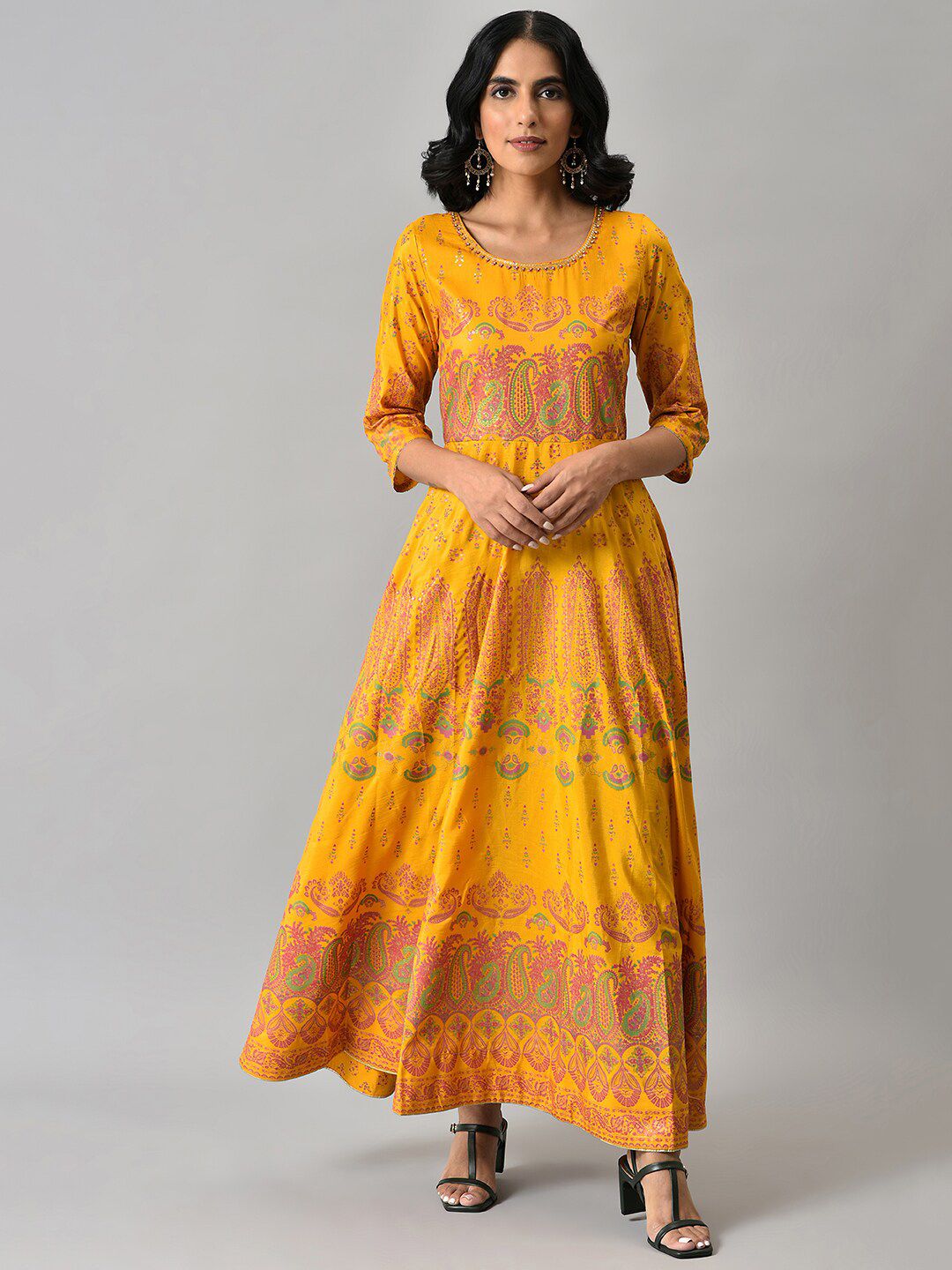 W Women Yellow & Pink Printed Polyester Ethnic Maxi Dress