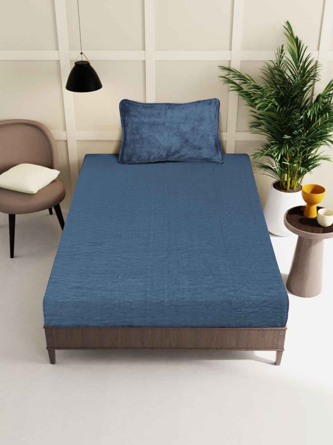 KLOTTHE Blue Woollen 300TC Fitted Single Bedsheet With Pillow Cover