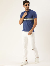 Being Human Clothing Men Blue  Black Striped Polo Collar Pure Cotton T-shirt with Tipping Detail