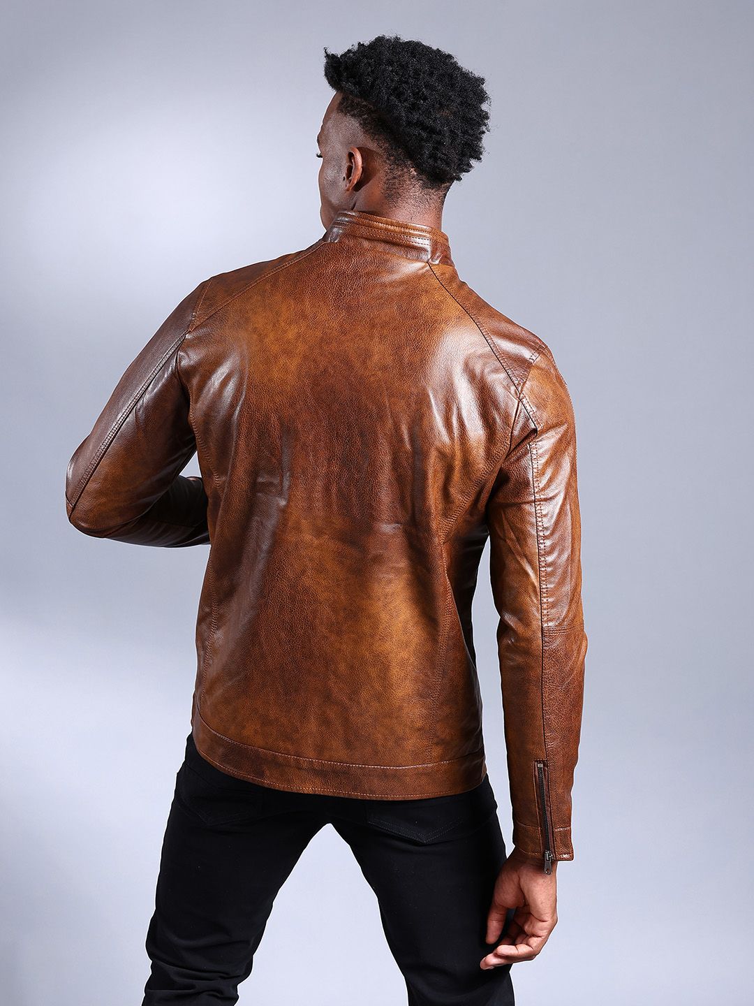 The Indian Garage Co Men Brown Solid Faux Biker Jacket