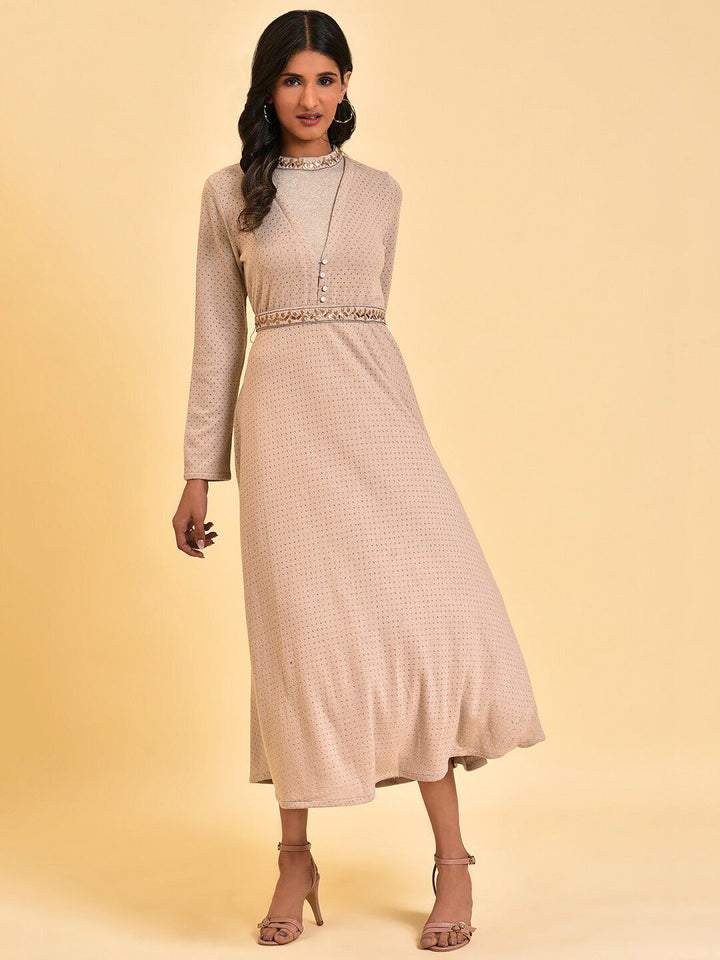 W Grey Embellished Polka Dot Printed High Neck Belted Fit & Flare Midi Dress