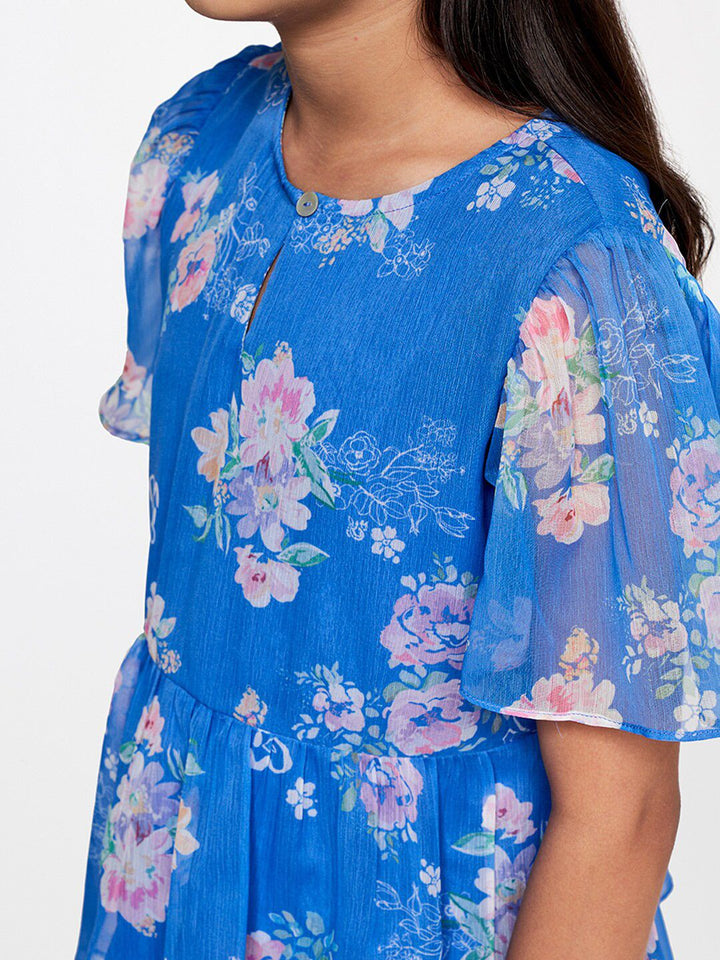 AND Blue Floral Print Bell sleeves Peplum Top