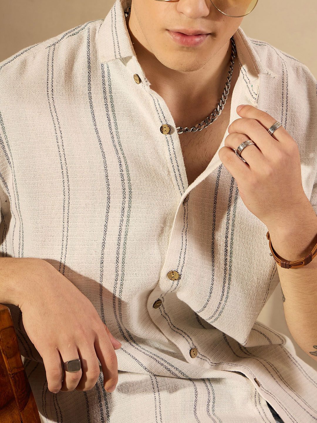 DENNISON Men Striped Drop Shoulder Oversized Cotton Shirt