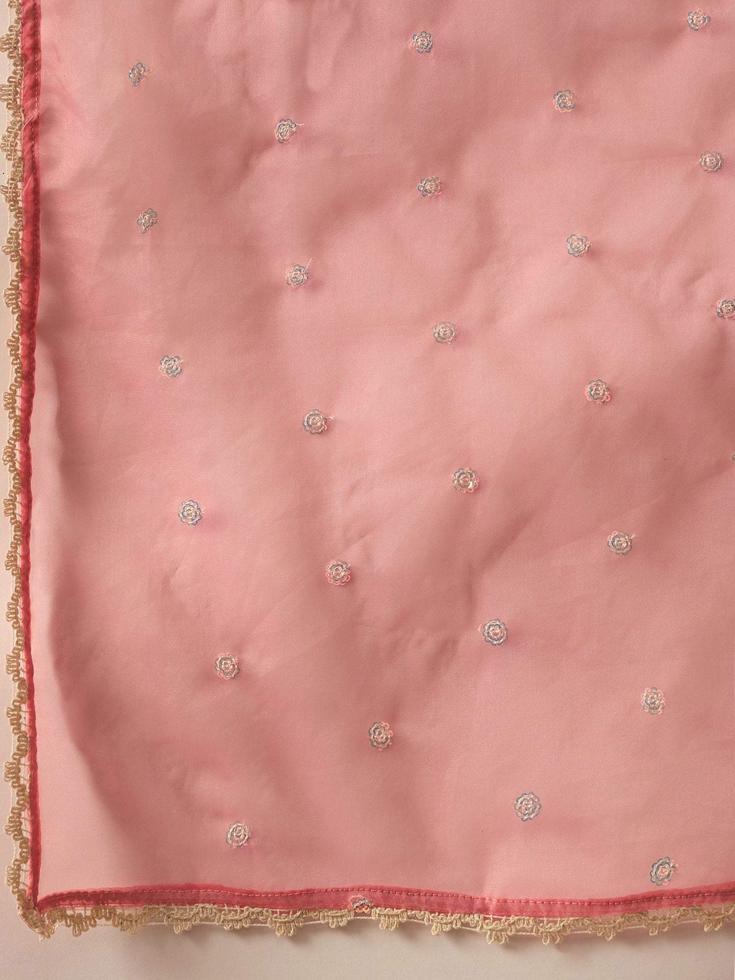 Indo Era Floral Embroidered Liva V-Neck Straight Kurta With Trousers And Dupatta