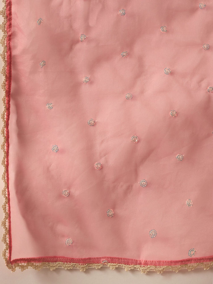 Indo Era Floral Embroidered Liva V-Neck Straight Kurta With Trousers And Dupatta