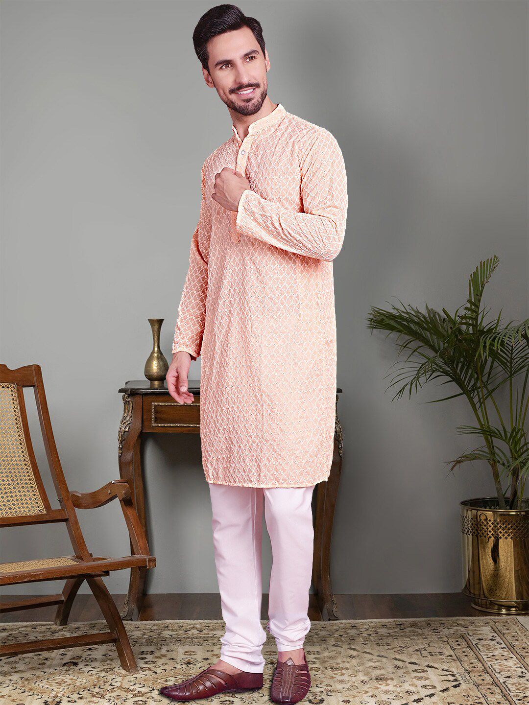 Jompers Ethnic Motifs Embroidered Regular Chikankari Pure Cotton Kurta With Churidar