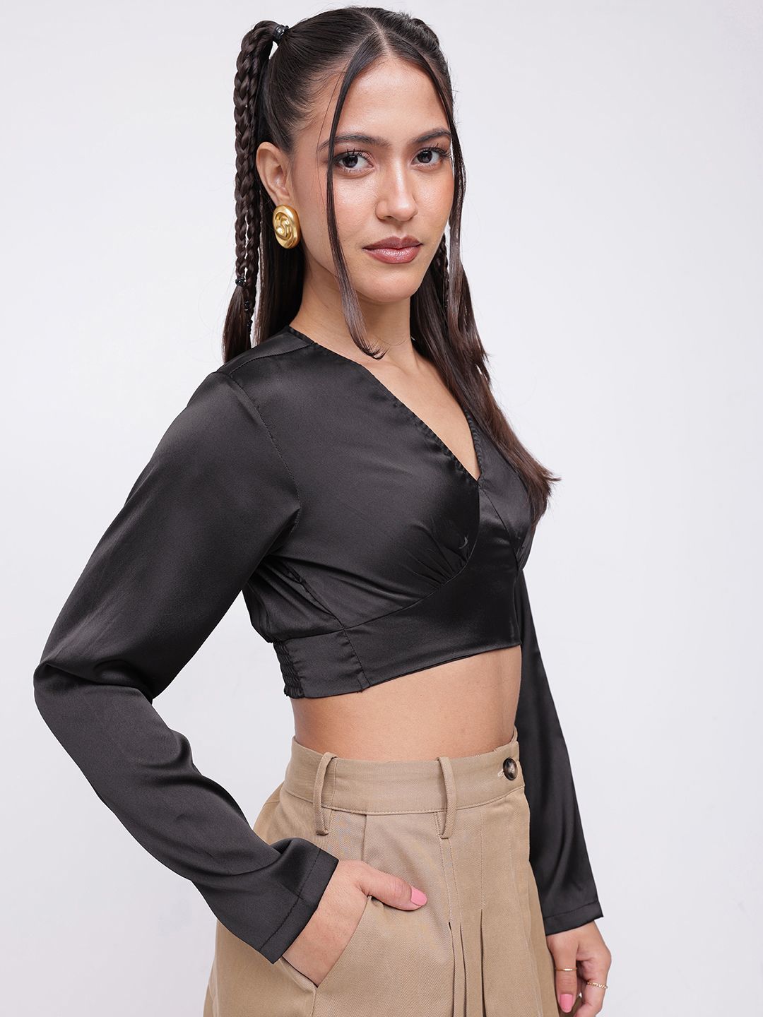 DressBerry Dark Dimness Satin Finish V-Neck Crop Top