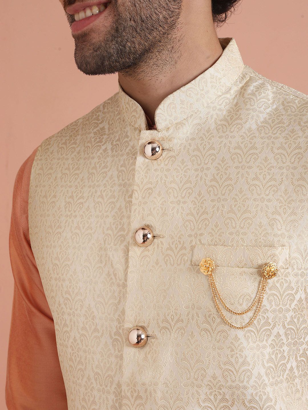 KISAH Men Ethnic Motifs Mandarin Collar Woven Design Nehru Jacket