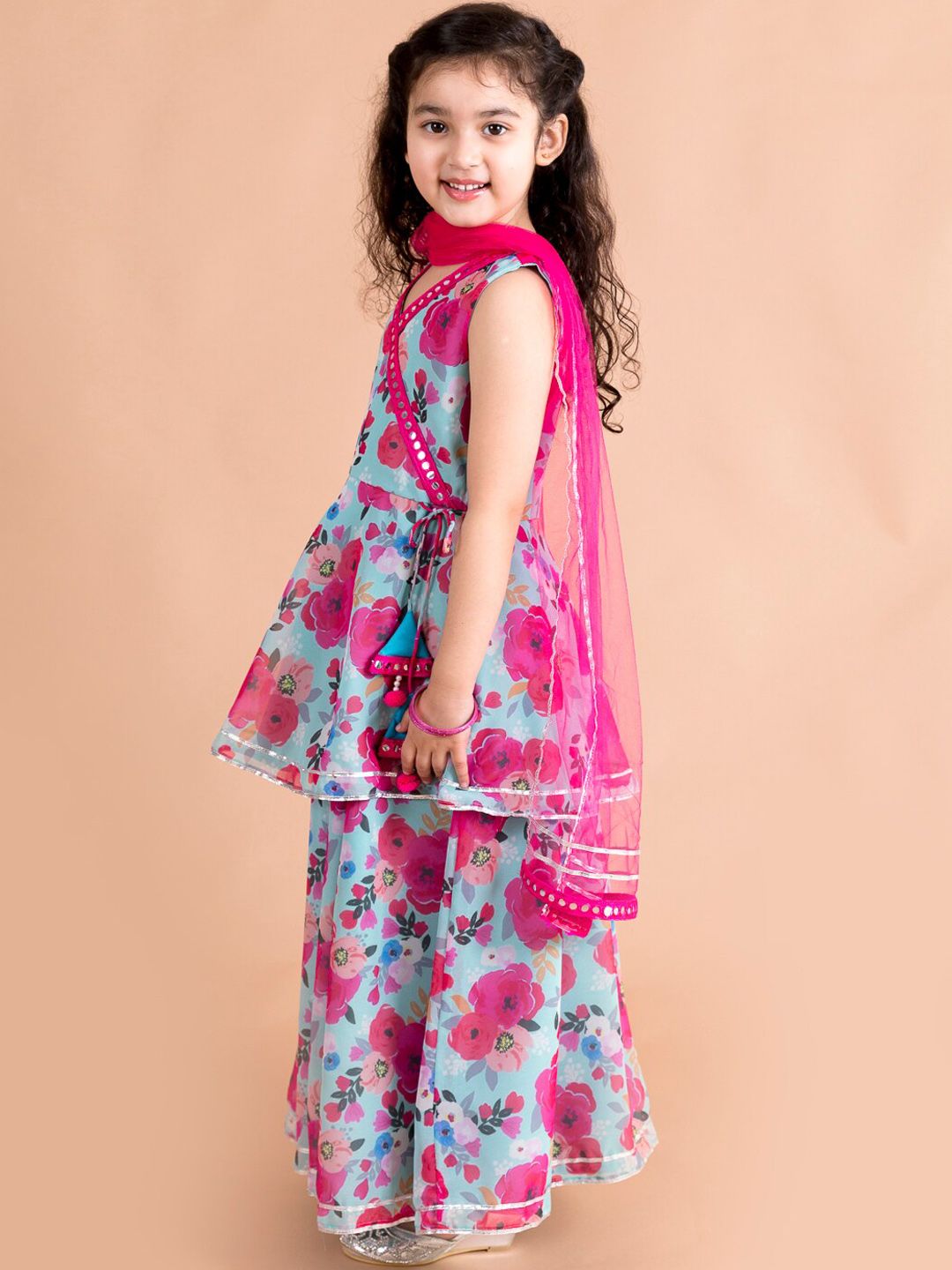 pspeaches Girls Floral Printed Angrakha Gotta Patti Kurti & Sharara With Dupatta