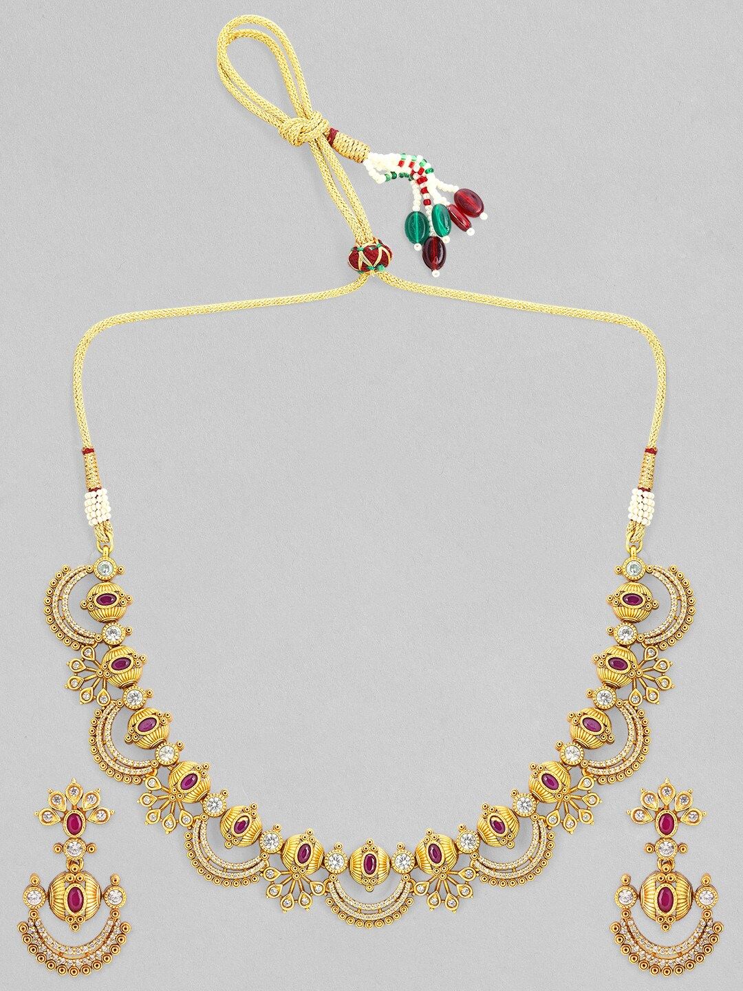 Rubans 24K Gold-Plated Ruby Pink & Cubic Zirconia Studded Temple Necklace Set