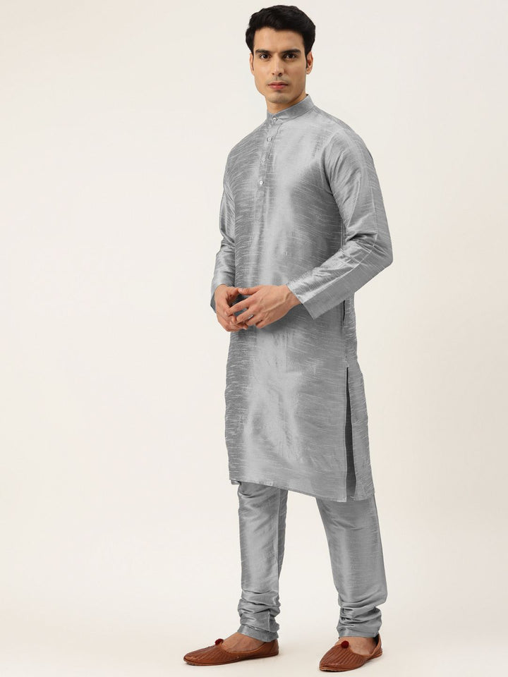 SOJANYA Men Grey Kurta with Churidar & Nehru Jacket