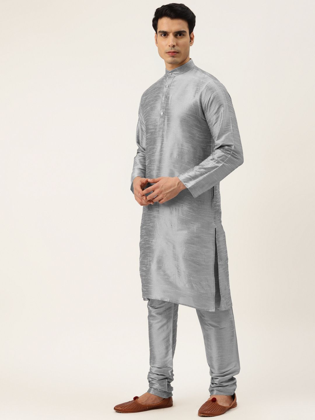 SOJANYA Men Grey Kurta with Churidar & Nehru Jacket