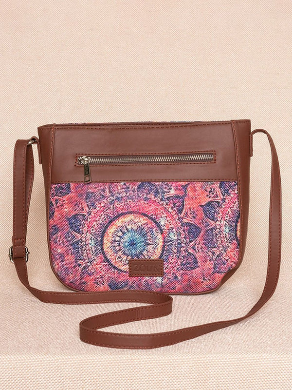 ZOUK Women Pink & Brown Floral Printed Structured Sling Bag