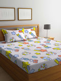 KLOTTHE Off White Conversational Cotton 300 TC Fitted King Bedsheet with 2 Pillow Covers-250 x 225 cm