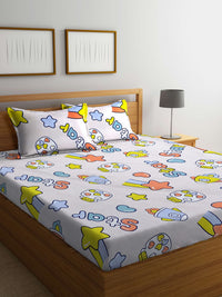 KLOTTHE Off White Conversational Cotton 300 TC Fitted King Bedsheet with 2 Pillow Covers-250 x 225 cm