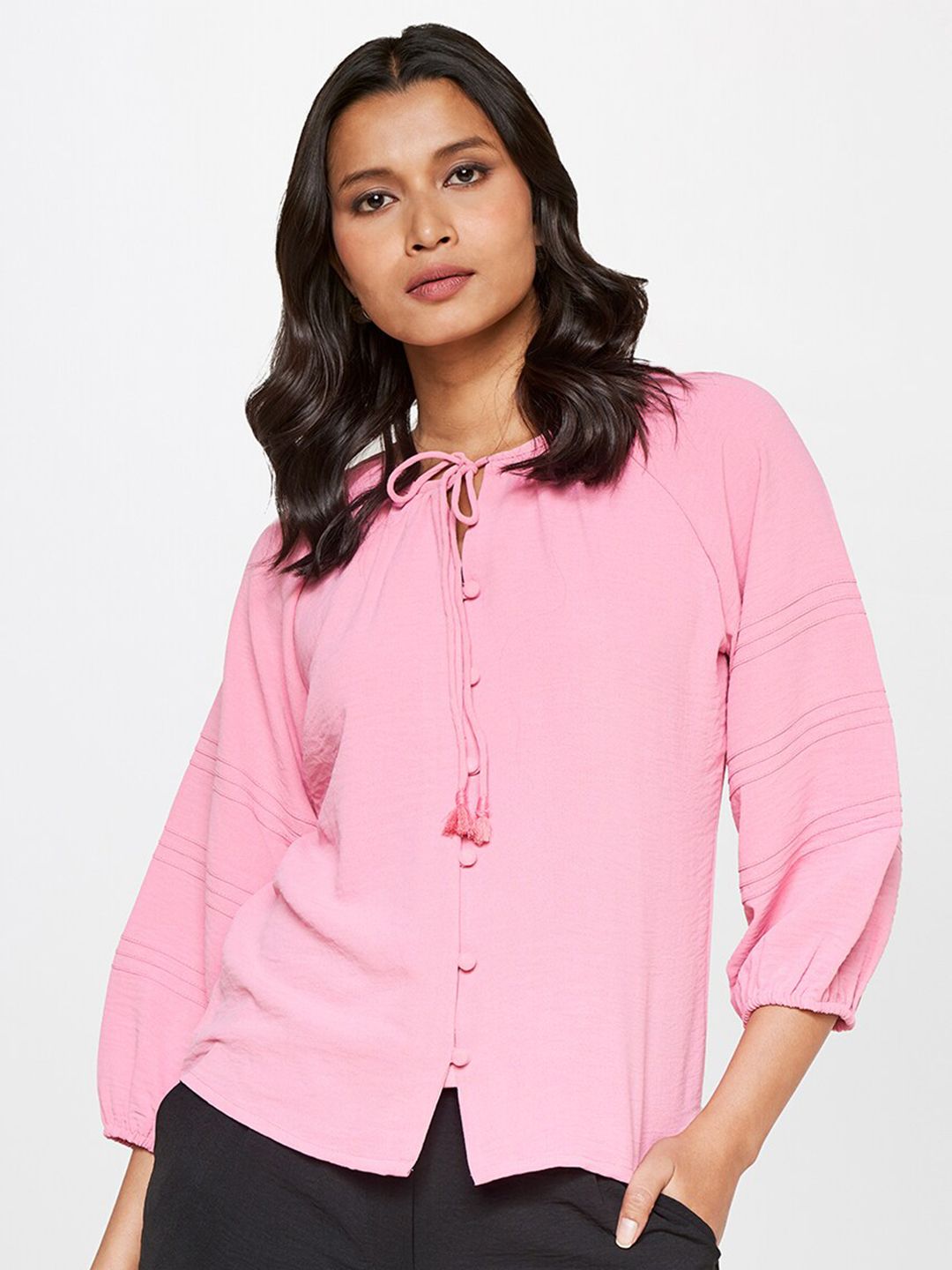 AND Tie-Up Neck Puff Sleeves Shirt Style Top