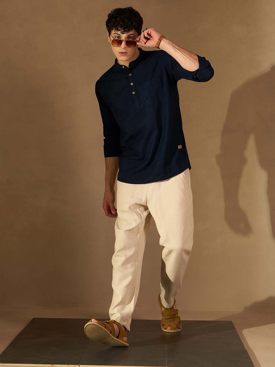 DENNISON Men Navy Blue Solid Straight Pure Cotton Short Kurta