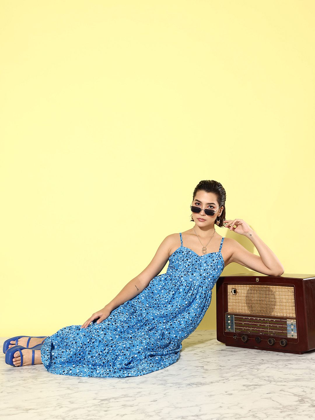 DressBerry Sky Blue Floral Print September Hello Monsoon Resort Lounge Maxi Tiered Dress
